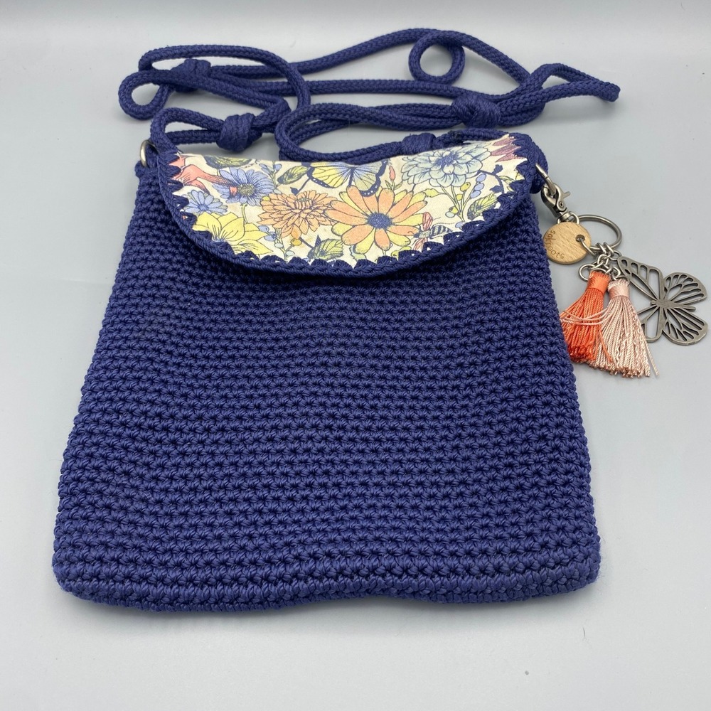 Sakroots Navy Crochet Floral Butterfly‎ Crossbody Phone Bag Tassel Charm